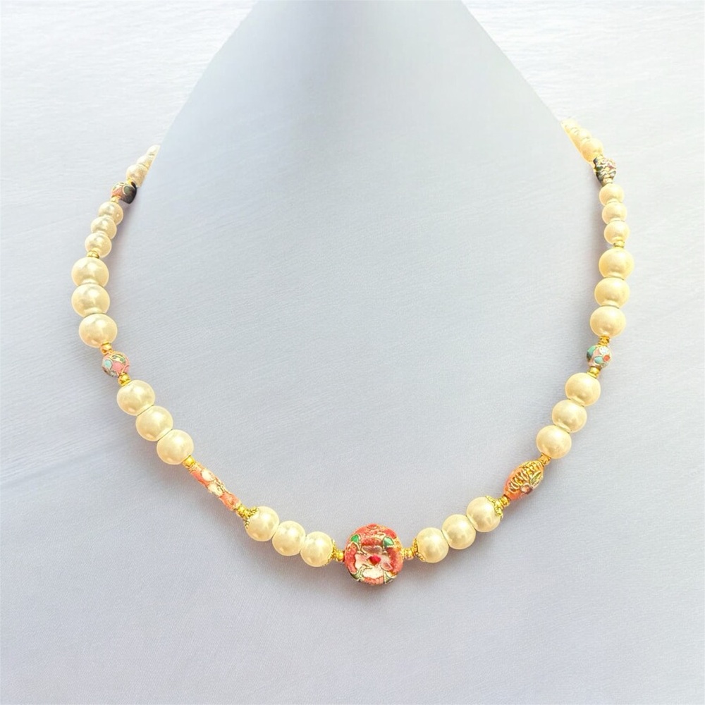Handcrafted Cloisonné Pearl and Gold Beaded Necklace - Picture 9 of 12